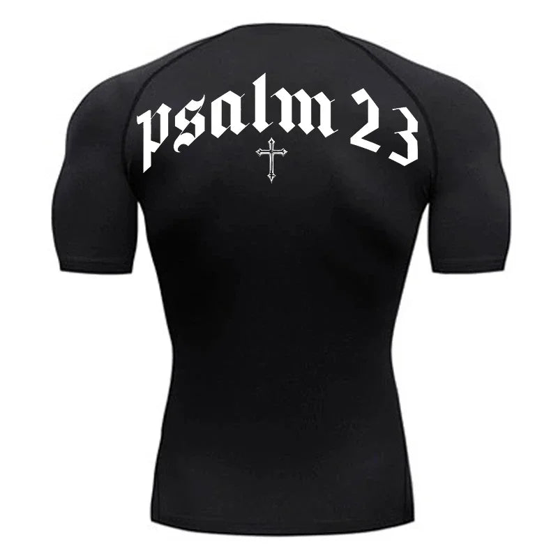 2025 Psalm 23 Cross Print Men's Sports Quick-Drying T-Shirt Tops Gym Workout Fitness Compression Shirt Short Sleeve S-3XL