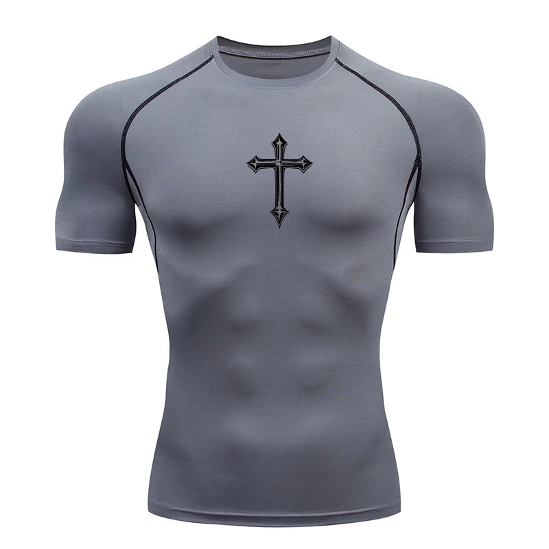 Cross Print Compression Shirt for Men Christian Athletic Tshirt Tees Tops Gym Workout Running Baselayers Undershirts Rash Guard