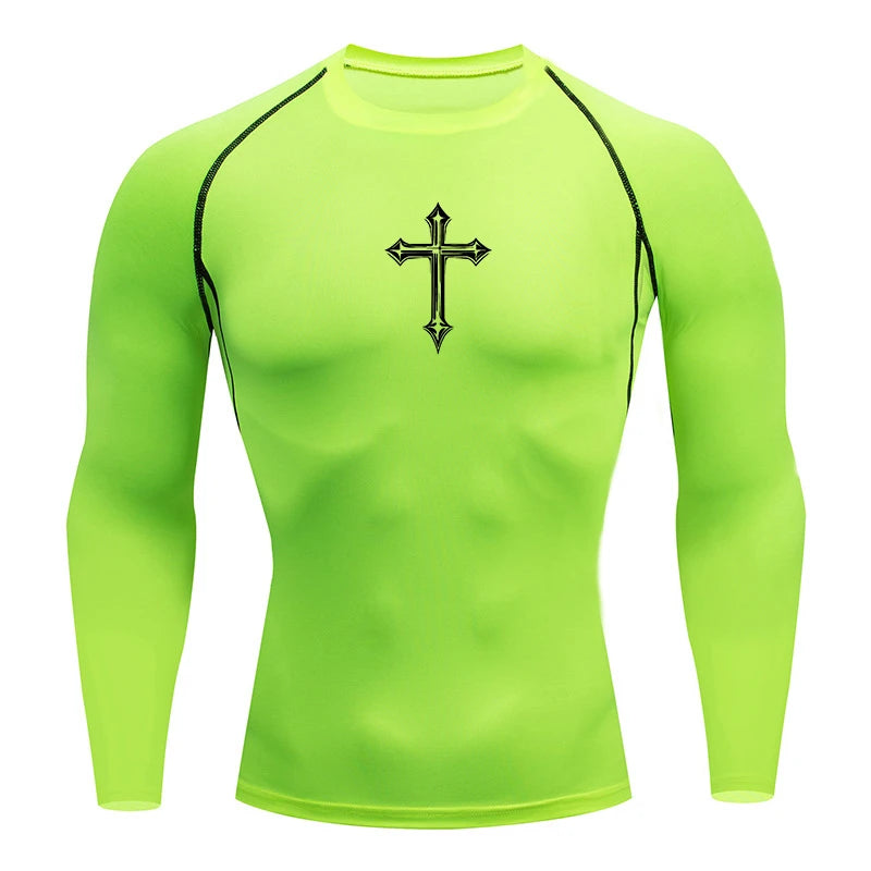 Cross Print Compression Shirt for Men Christian Athletic Tshirt Tees Tops Gym Workout Running Baselayers Undershirts Rash Guard