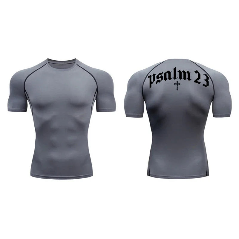 2025 Psalm 23 Cross Print Men's Sports Quick-Drying T-Shirt Tops Gym Workout Fitness Compression Shirt Short Sleeve S-3XL