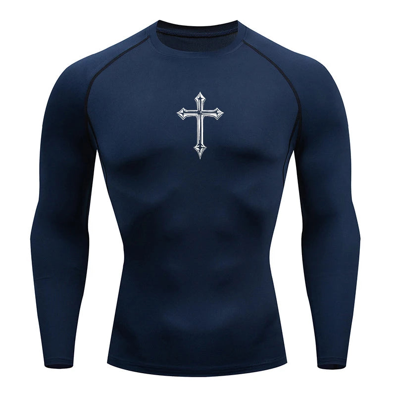 Cross Print Compression Shirt for Men Christian Athletic Tshirt Tees Tops Gym Workout Running Baselayers Undershirts Rash Guard