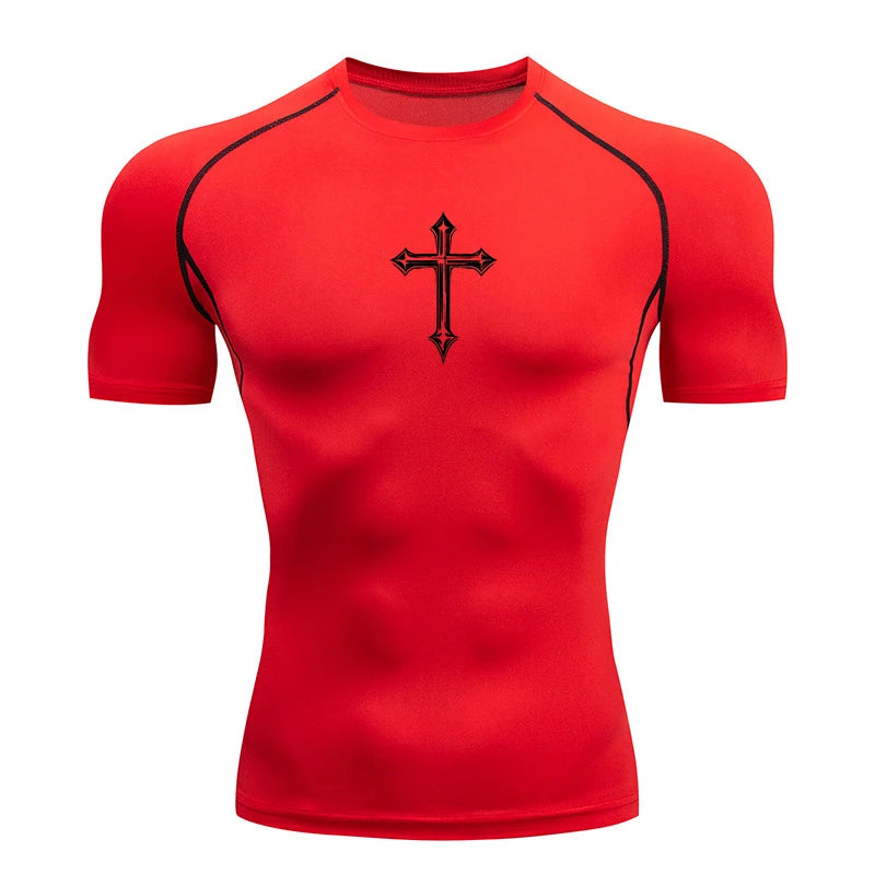 Cross Print Compression Shirt for Men Christian Athletic Tshirt Tees Tops Gym Workout Running Baselayers Undershirts Rash Guard