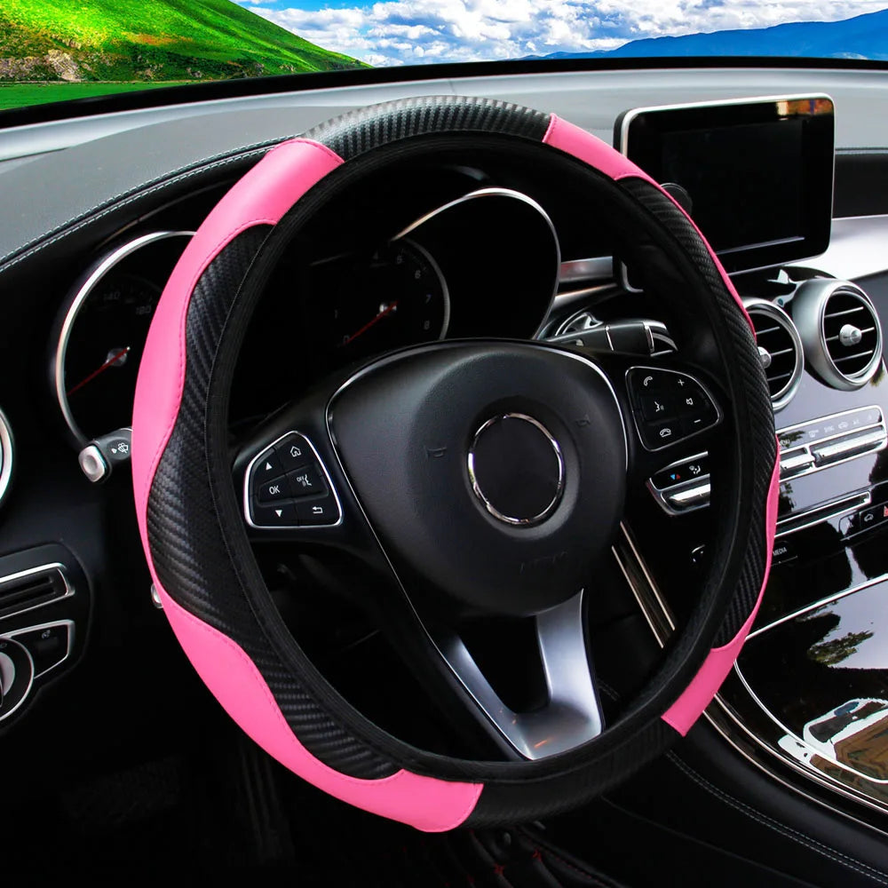 Carbon Fiber Leather Car Steering Wheel Cover without Inner Ring Suitable for 14.5-15 Inches of Automotive Supplies