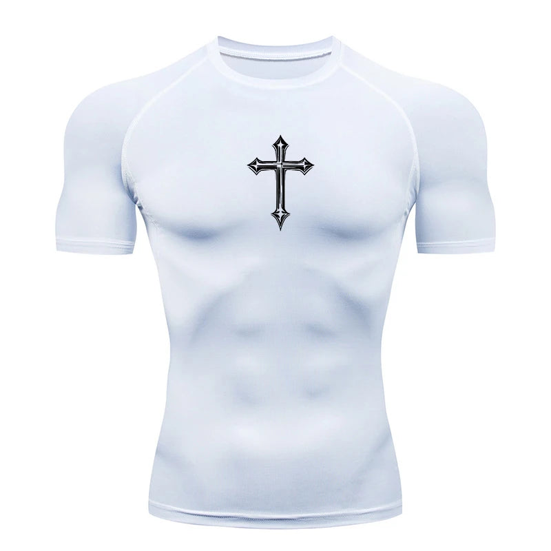 Cross Print Compression Shirt for Men Christian Athletic Tshirt Tees Tops Gym Workout Running Baselayers Undershirts Rash Guard