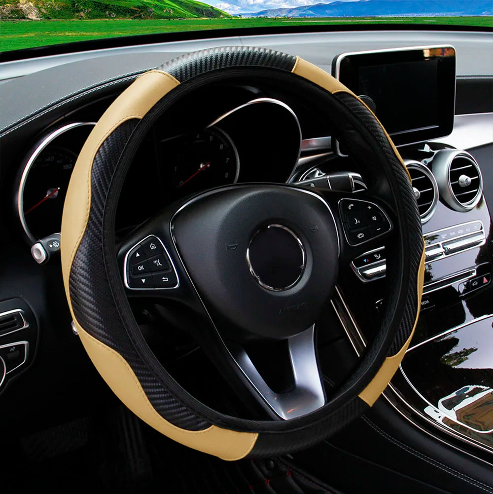 Carbon Fiber Leather Car Steering Wheel Cover without Inner Ring Suitable for 14.5-15 Inches of Automotive Supplies