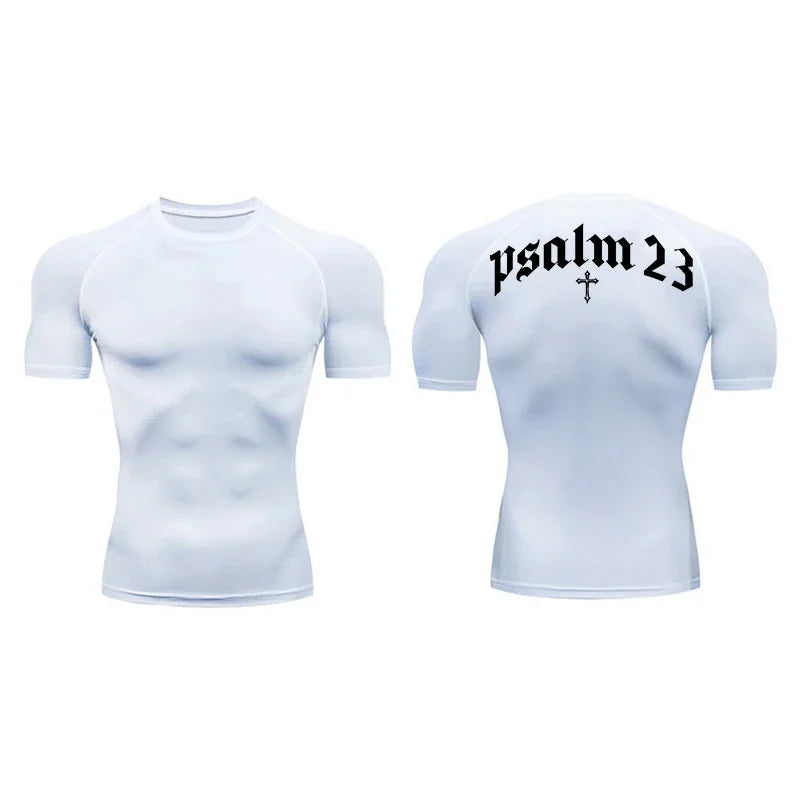 2025 Psalm 23 Cross Print Men's Sports Quick-Drying T-Shirt Tops Gym Workout Fitness Compression Shirt Short Sleeve S-3XL