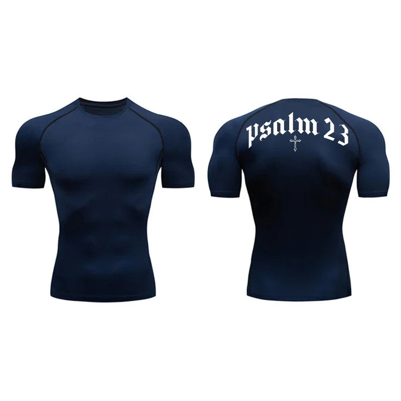 2025 Psalm 23 Cross Print Men's Sports Quick-Drying T-Shirt Tops Gym Workout Fitness Compression Shirt Short Sleeve S-3XL