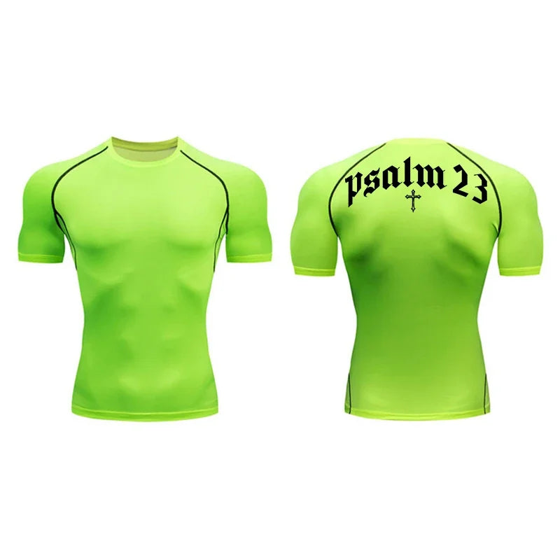 2025 Psalm 23 Cross Print Men's Sports Quick-Drying T-Shirt Tops Gym Workout Fitness Compression Shirt Short Sleeve S-3XL