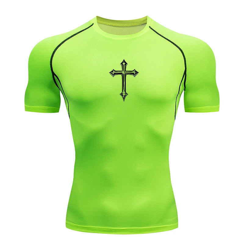 Cross Print Compression Shirt for Men Christian Athletic Tshirt Tees Tops Gym Workout Running Baselayers Undershirts Rash Guard