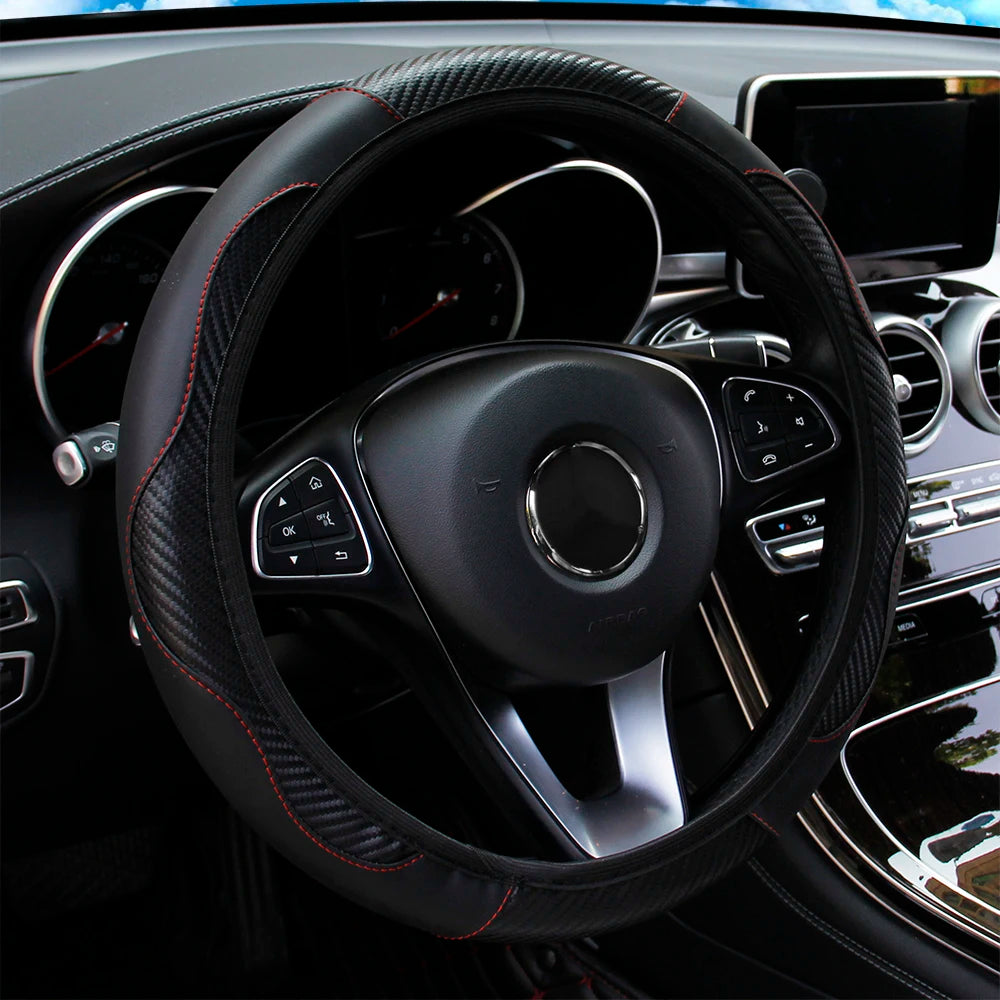 Carbon Fiber Leather Car Steering Wheel Cover without Inner Ring Suitable for 14.5-15 Inches of Automotive Supplies