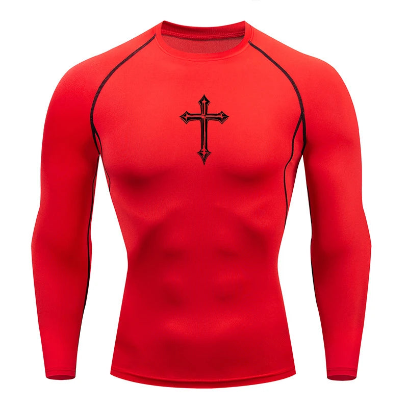 Cross Print Compression Shirt for Men Christian Athletic Tshirt Tees Tops Gym Workout Running Baselayers Undershirts Rash Guard