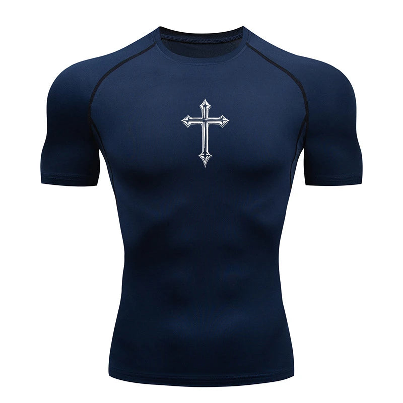 Cross Print Compression Shirt for Men Christian Athletic Tshirt Tees Tops Gym Workout Running Baselayers Undershirts Rash Guard